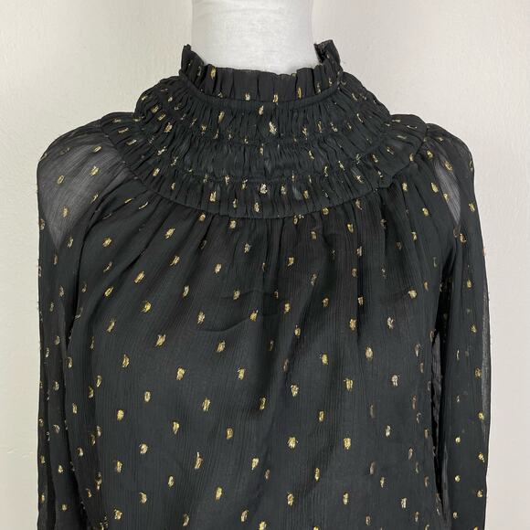 Ann Taylor | Black Chiffon Metallic Clip Smocked Ruffle Neck Top Career Blouse - Picture 7 of 13